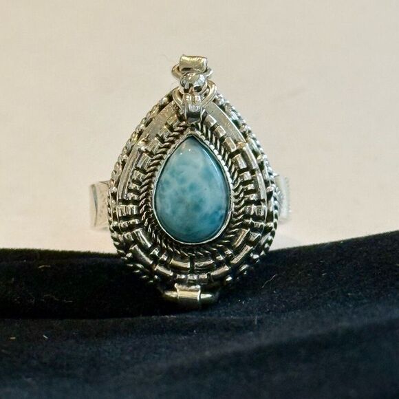 Beautiful Larimar Poison Pillbox Locket Ring Womens Sterling Silver Boho New - Picture 1 of 5